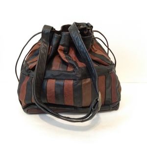 LA Bagoda Brown Black Leather Drawstring Hand Bag